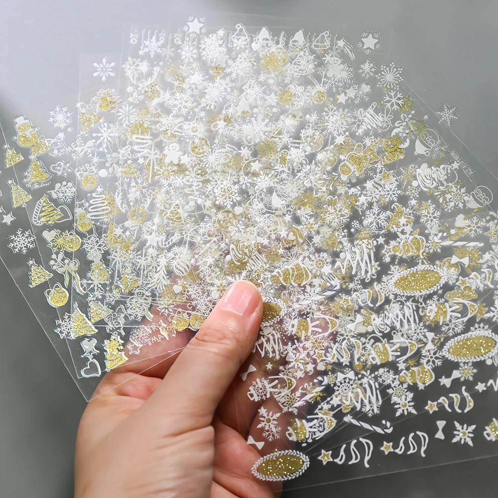 12 個ホワイトクリスマス 3D ネイルステッカーゴールド反射グリッター雪の結晶クリスマスツリー自己粘着デカール冬マニキュアスライダー