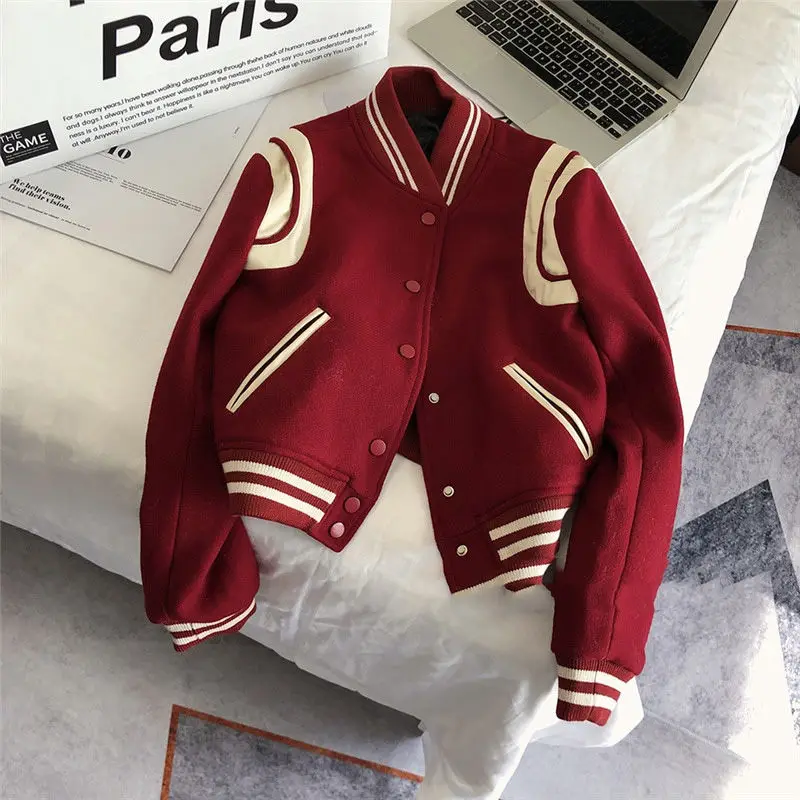 Streetwear Red Bomber Jacket Women Sweatshirt Baseball Jersey Stand Collar Coat Loose Outerwear Long Sleeve Harajuku Crop Top