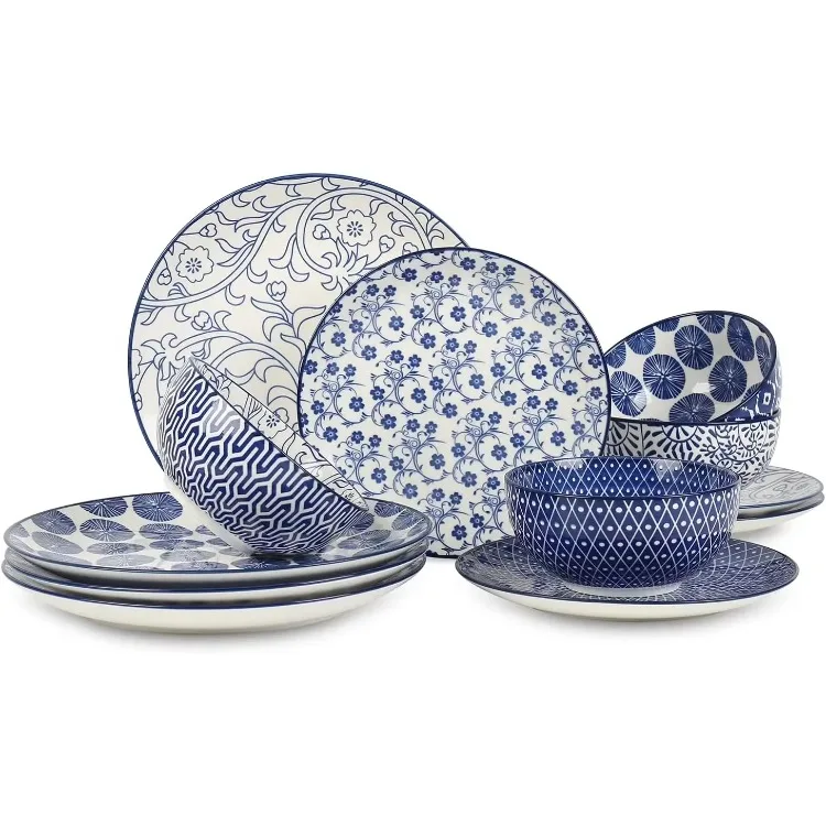 Selamica Ceramic 12-Pieces Dinnerware Sets, Dish Plates and Bowls Sets, Service for 4, Dinner Salad Dessert Plates,