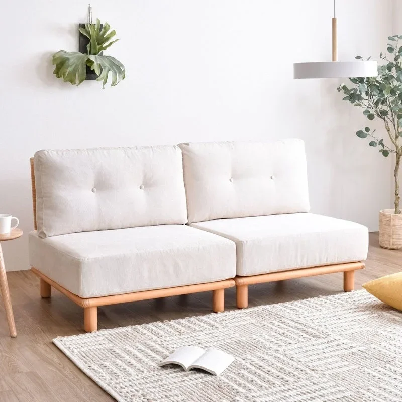 أريكة قماشية ناعمة من الخشب الصلب على الطراز الياباني، مجموعة صف مستقيم واحد