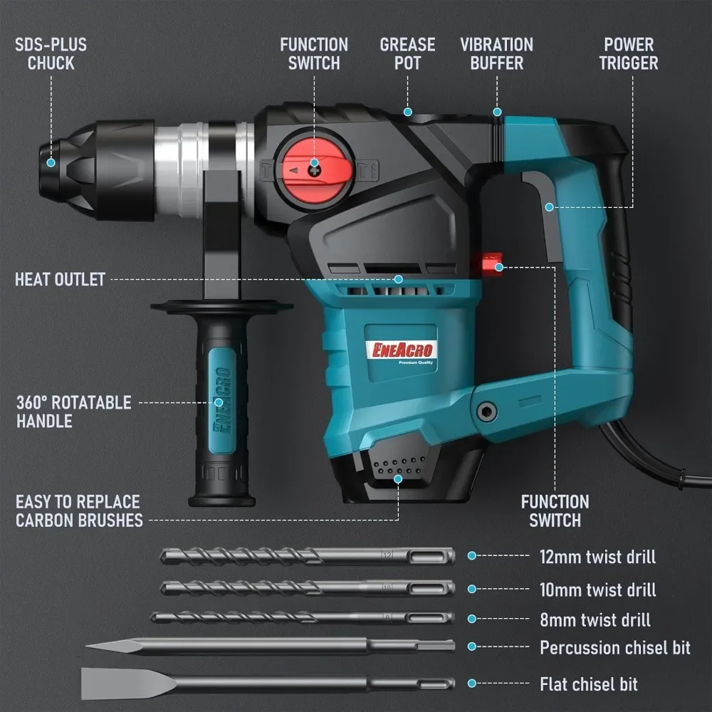 for 1-1/4 Inch SDS-Plus 12.5 Amp Heavy Duty Rotary Hammer Drill, Safety Clutch 3 Functions