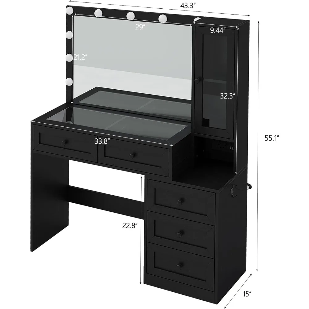 مكتب زينة بعرض 43 بوصة مع مرآة و11 مصباحًا، مكتب مكياج حديث مع سطح زجاجي ومقعد مبطن، 3 أوضاع إضاءة #3