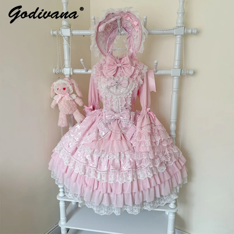 Sweet Cute Girls Lolita Dress Set Gorgeous Flower Marriage Princess Lace Bow Jsk Suspender Dress Flare Sleeve Shirt Women Outfit