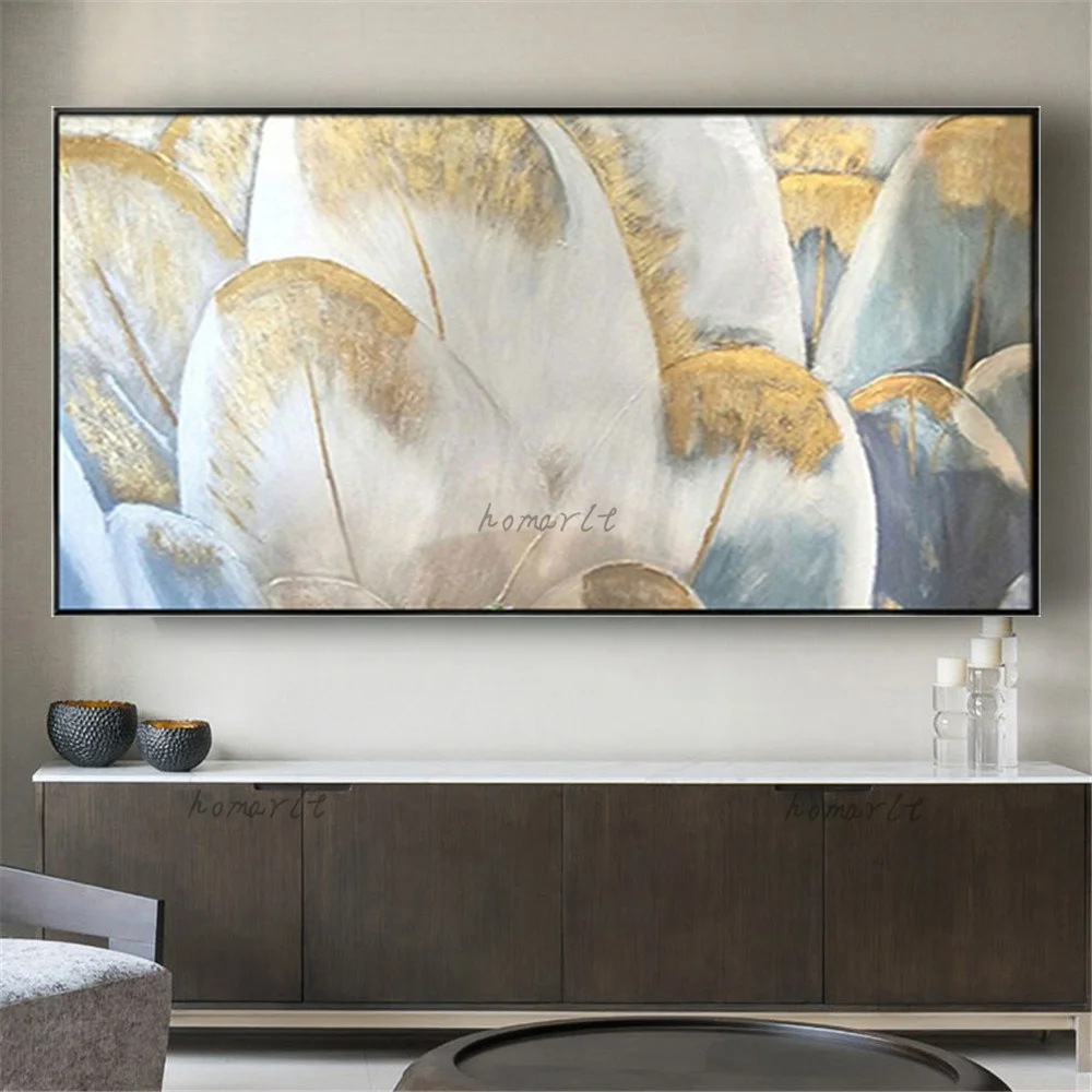 Real Handmade Canvas Abstract Oil Painting Off-White Gold Feathers Modern Home Decor Wall Sofa Livingroom Bedroom Hanging Piece