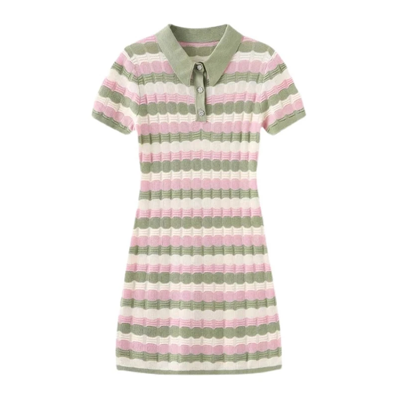 Women Turn Down Collar Color-block Summer Casual Striped Knitted Mini Dress