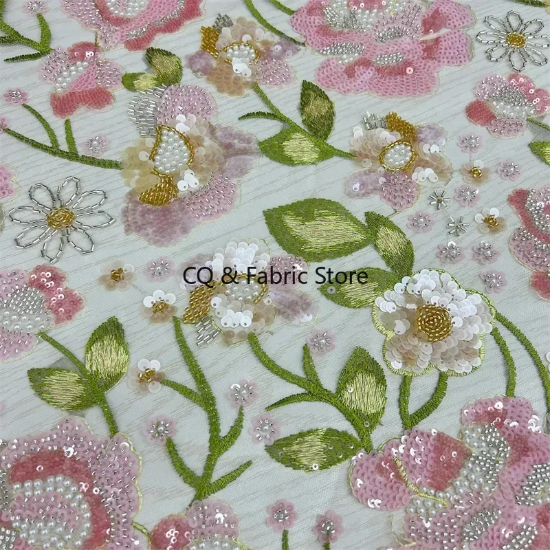 Luxury Floral Beaded Embroidery Fabric Cross Border for Lace Tulle Dress Wedding Dress Fabric