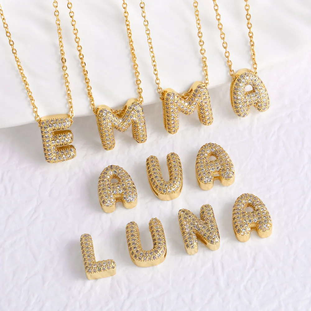Gold plated copper pavé cubic zirconia initial necklace, a-z letter pendant jewelry