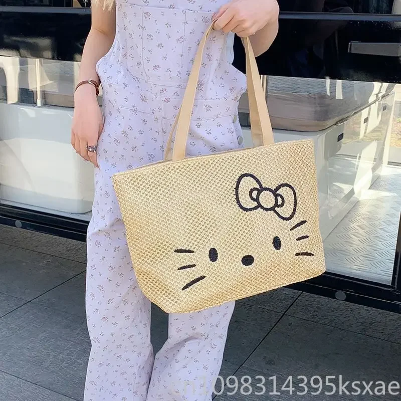 

Соломенная сумка для летних каникул, большая вместительная пляжная сумка Hello Kitty, сумка Kawaii, портативная сумка-тоут
