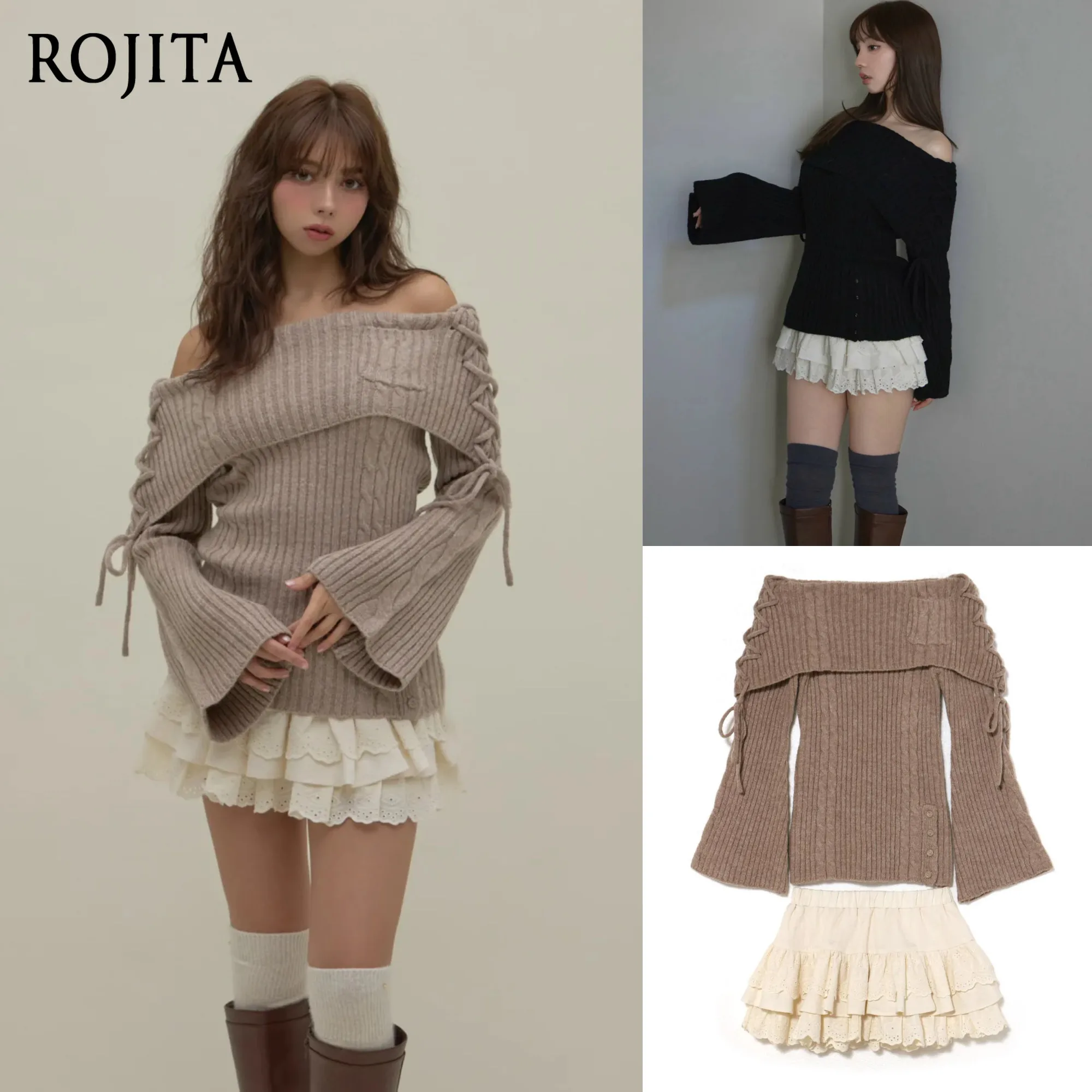 

Skirt Set Japanese Sweet Style Turn-Down Collar Off-Shoulder Mid-Length Flared Sleeve Knitted Top + Skirt Two Piece Sets Womens