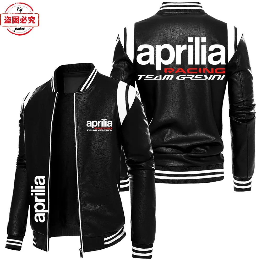 Contrasting color leather jacket Aprilia motorcycle LOGO retro washed pu leather jacket windproof men's autumn and winter velvet