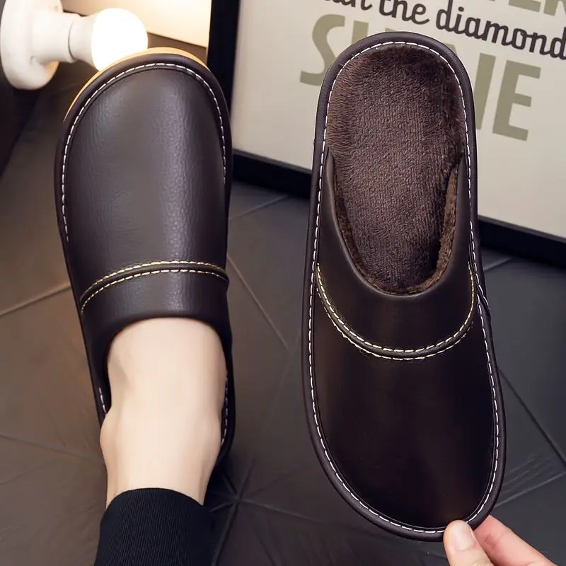 Winter Warm Plush Slippers Men Women Indoor Non Slip Waterproof Thick Sole Couple Home Fuzzy PU Leather House Slippers