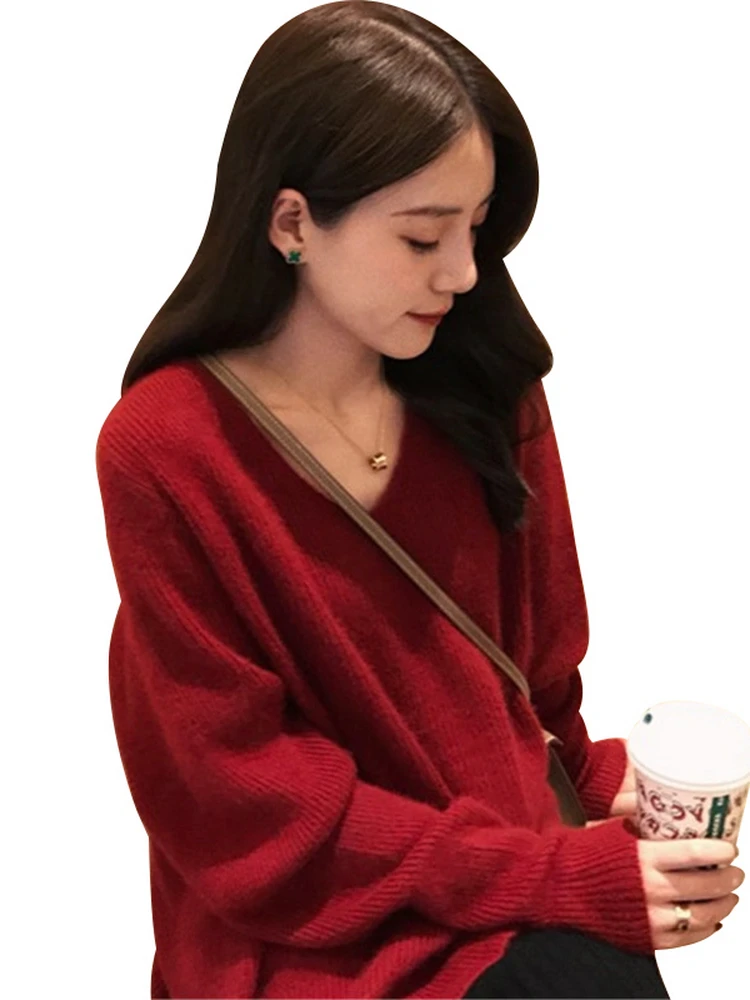 Suéter Rojo ueso para Mujer, Estilo Nuevo de Otoño Invierno, Único, Hoado, Informal, con Cuello en V, Manga Larga, Tejido...