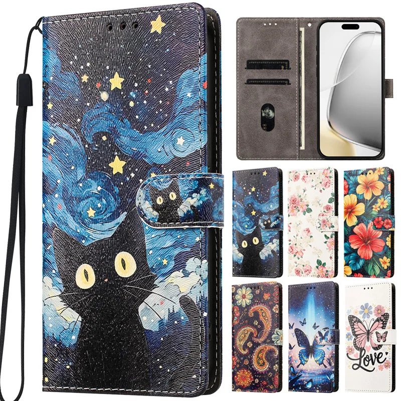 Wallet Case for Honor 600 Pro 400 Smart 200 Magic 8 Lite GT Pro X5B X5C Plus X8D X9D X6D X8C Case Hibiscus Flower Leather Cover