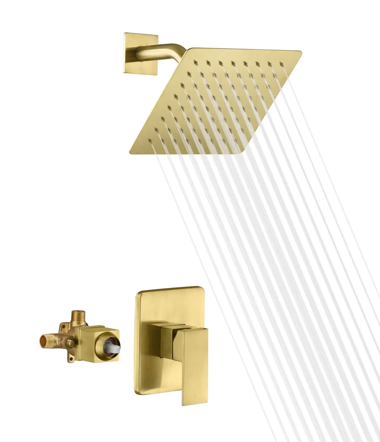 

8 Inch Square Rain Shower Set With Rough-In Valve Single Handle Brushed Brass Finish