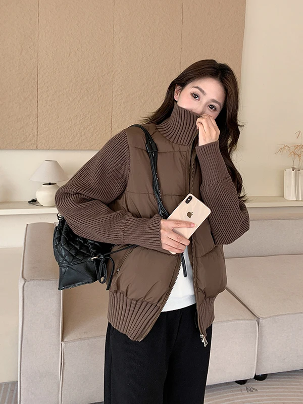 

New Puff Color blocked Splicing Knitted Plush Cotton Jacket for Women 2025