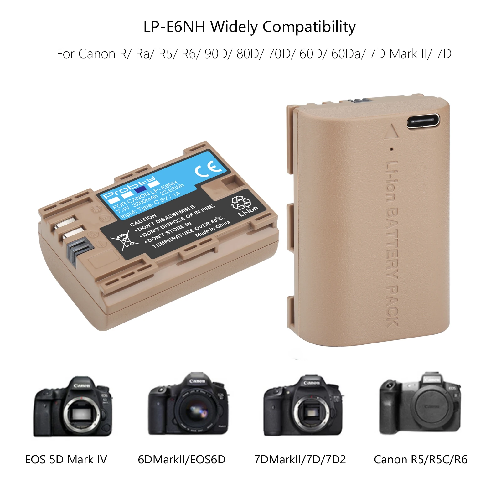 LP-E6NH Rechargeable Battery with Type-C Input for Canon EOS R R5 R6 90D 60D 70D 80D 5D IV 6D 7D mark II 6D Mark II 5D Mark II