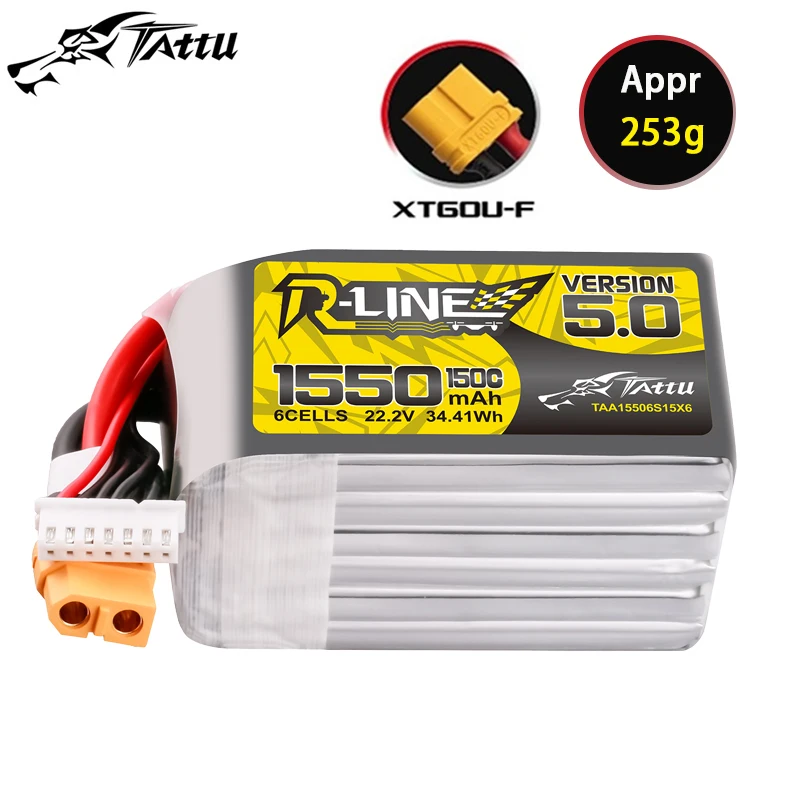 

TATTU-R-LINE 5.0 22.2V 1550mAh 150C LiPo Battery With XT60 Plug For RC Helicopter Quadcopter FPV Racing Drone Parts 6S Battery