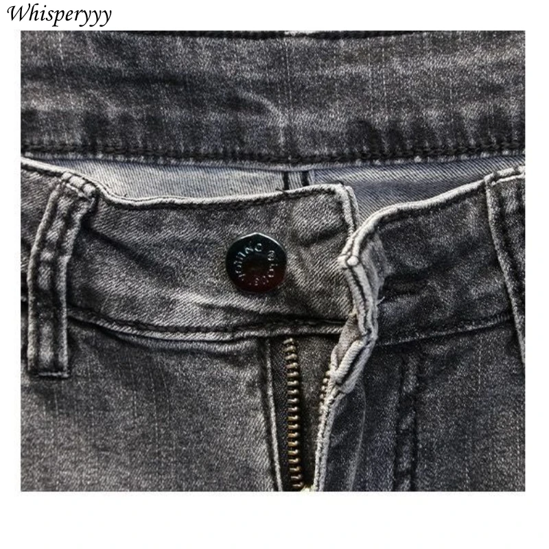 Summer Black Gray Ripped Denim Shorts Men's Fashion Casual Five-point Pants Korean Printed Pattern Medium Pants Male Jeans