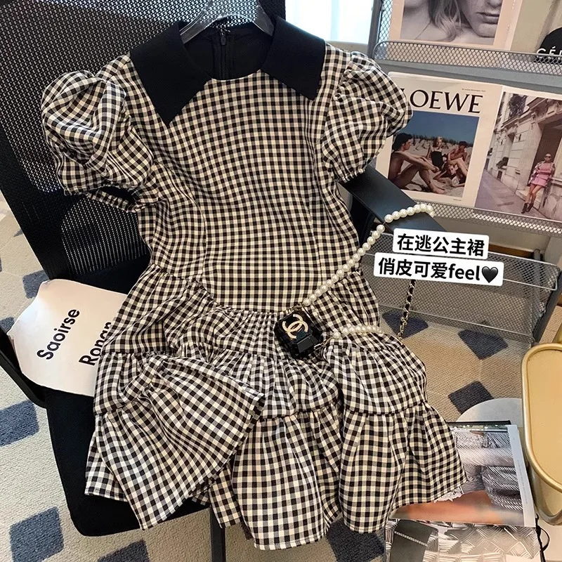 

Preppy Style Polo Collar Shirt Dress Elegant One-Piece Frocks Plaid Design Gyaru Kpop Slim A-Line Dress Puff Sleeve Gothic Retro