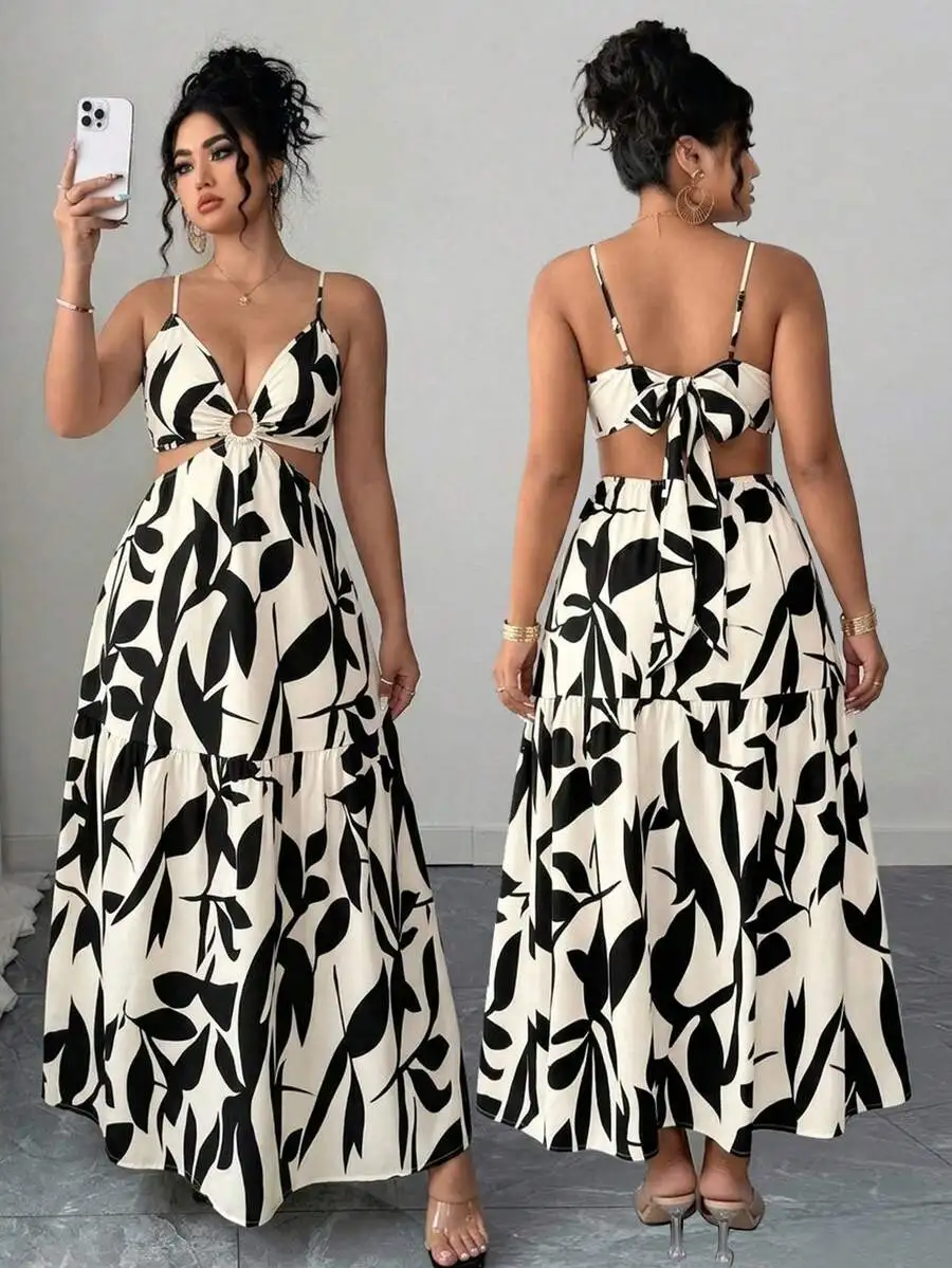 

Black And White Leaf Print Tiered Maxi Dress With Front Cutout And Back Tie Detail
