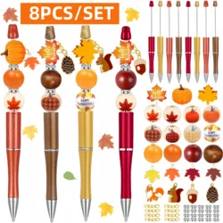 8PCS Thanksgiving themed DIY bead ballpoint pen set, paired with turkey, squirrel, pumpkin, maple leaf, nut shaped wooden beads