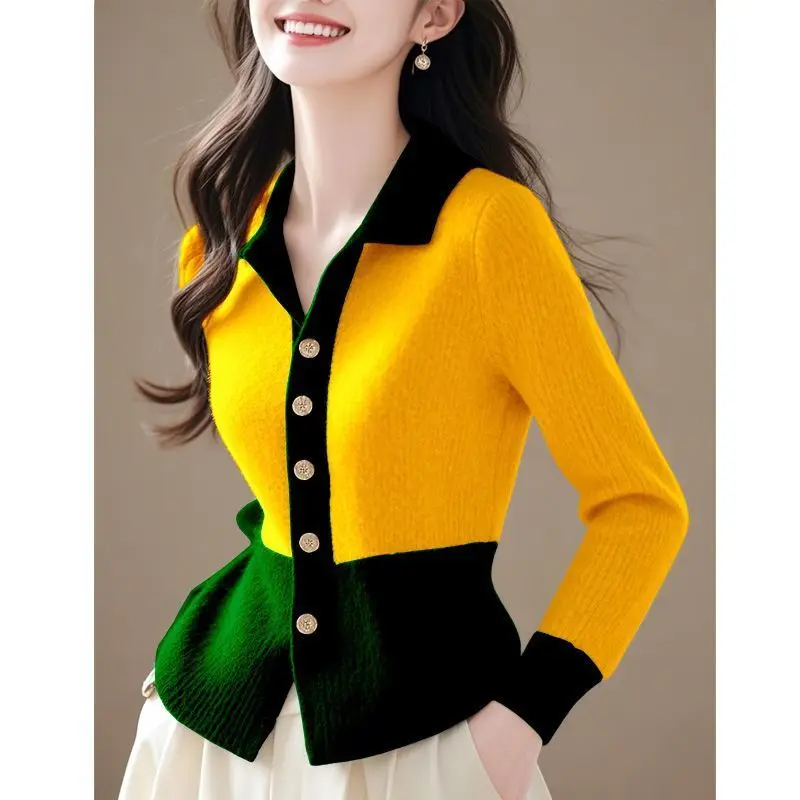 

Color-blocking New Early Spring Polo Collar Knitted Cardigan Sweater Jacket Fashionable Long-sleeved Top