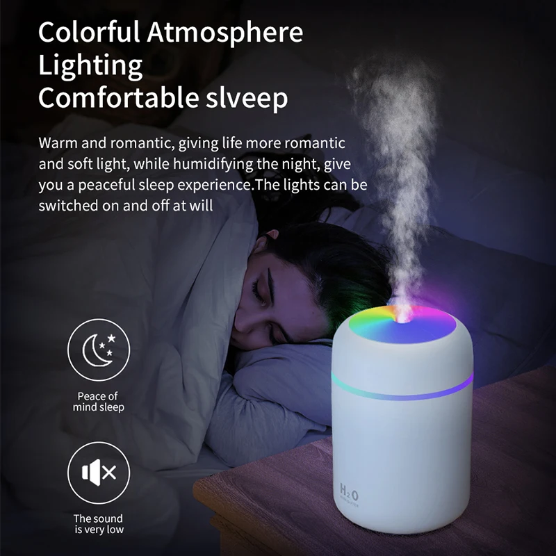 USB Cold Mist Spray Humidifier Portable 300 ml electric air humidifier Aromatic oil diffuser with colored night light for family