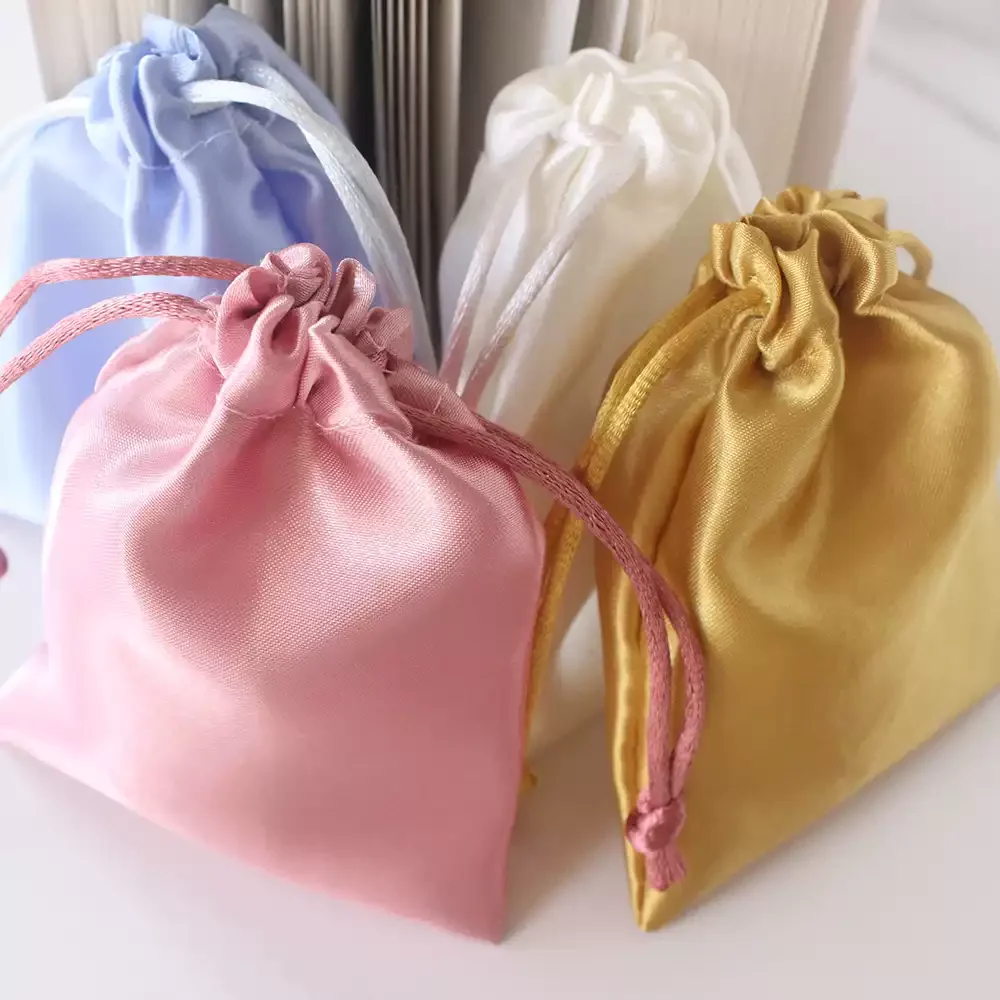 1pc Imitation silk smooth drawstring small bag colored satin binding pocket Buddha string jewelry gift candy wedding Storage bag