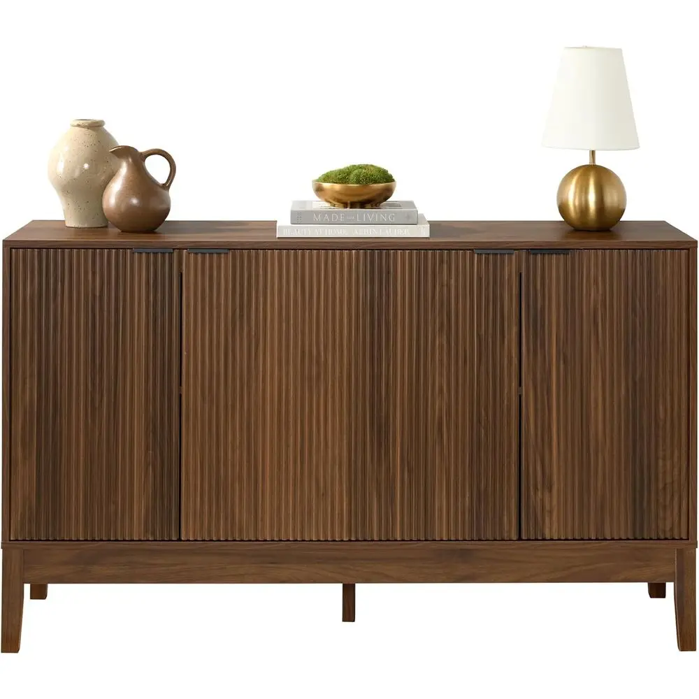 48 Walnut 4-Door Sideboard Storage Cabinet with Reed Panels & Adjustable Shelves