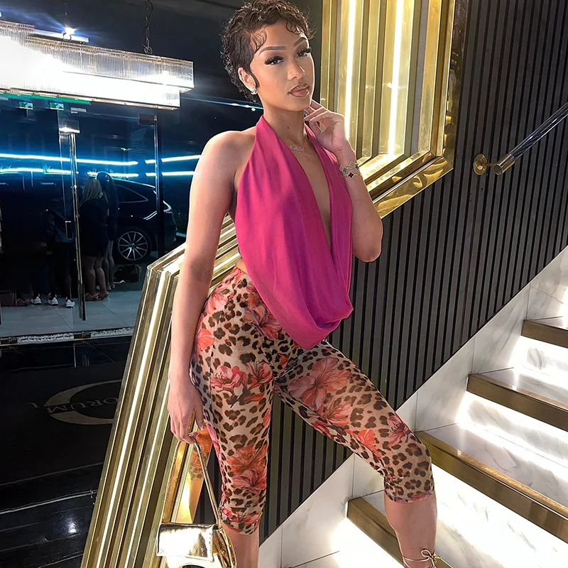 

Женский топ с лямкой на шее и леопардовым принтом, короткие комплекты, женский шикарный костюм для ужина, банкета, вечеринки, ночного клуба, женский тропический комплект