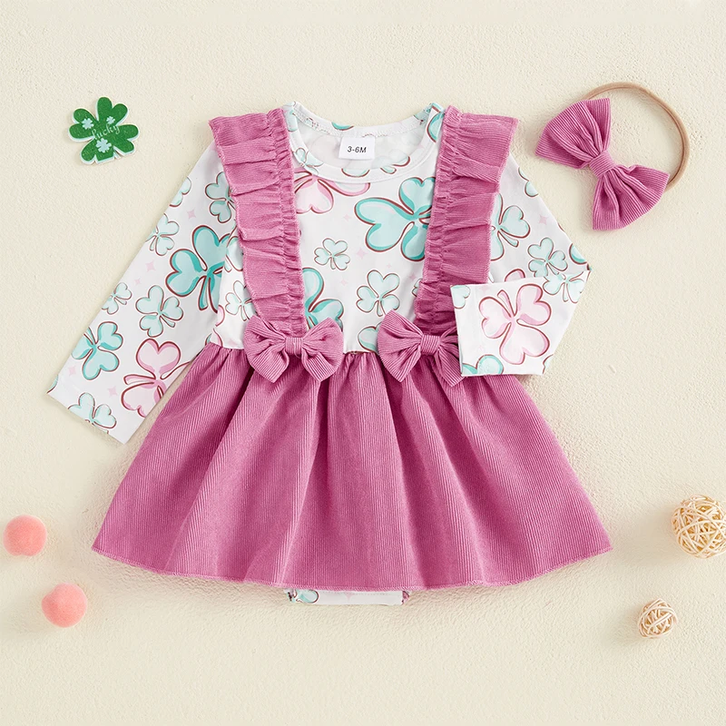 St Patrick s Day Green Shamrock  Dress with Ruffle Sleeves and Matching Headband for Baby Girl - Irish Outfit