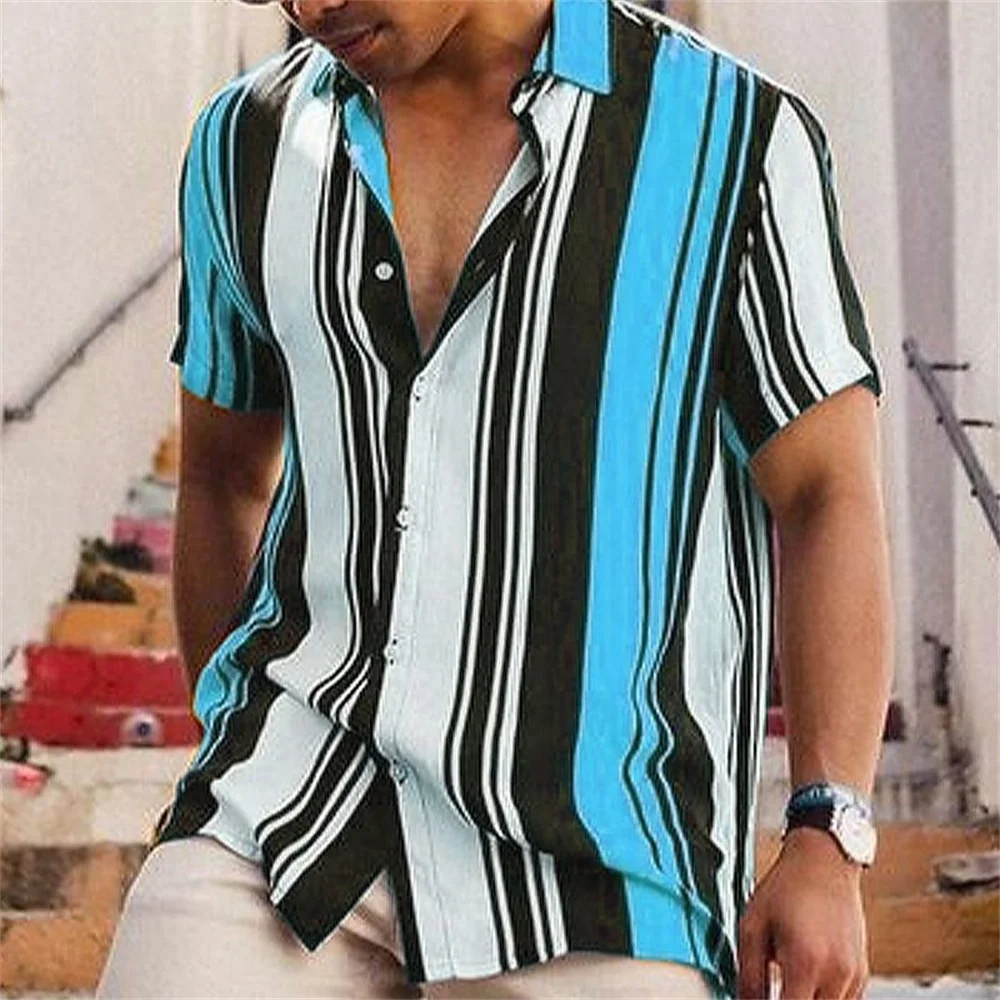 Men\'s short sleeved lapel striped printed button up shirt for summer leisure vacation, comfortable and soft Hawaiian shirt