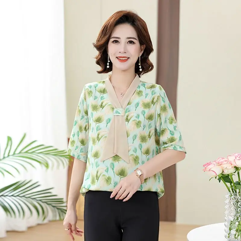 

New Chiffon Women's Loose Printed Streamers Fashionable V-neck Temperament Mid-sleeved T-shirt Top