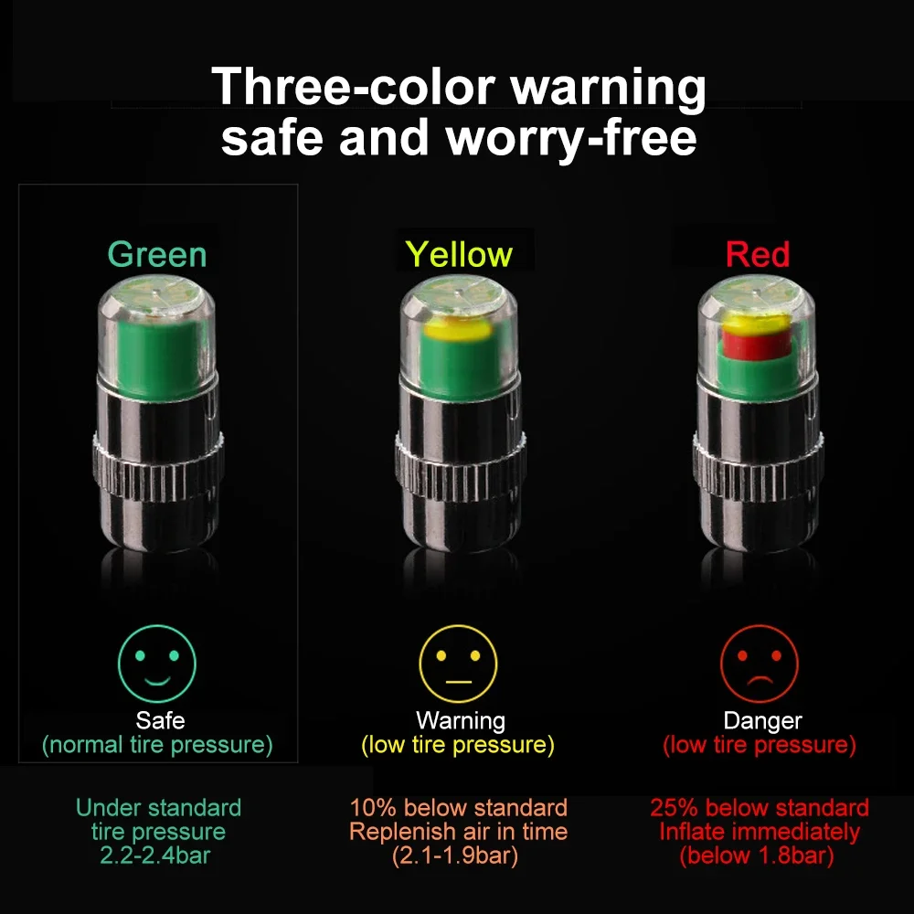 4pcs 2.4 Bar Car Tire Pressure Guage Cap Sensor Indicator Alert Monitoring Tool Tyre Cap Indicator Alert Air Pressure Gauge