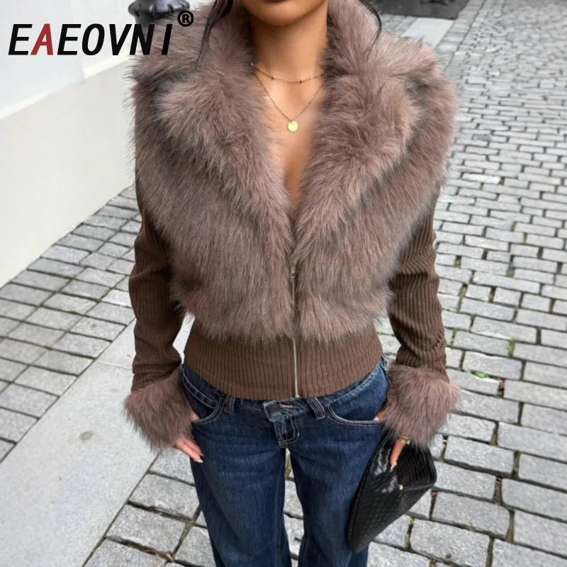 

EAEOVNI уличная одежда, вязаный меховой свитер, пальто, женское модное пальто на молнии с v-образным вырезом и длинными рукавами, осенне-зимняя новая одежда