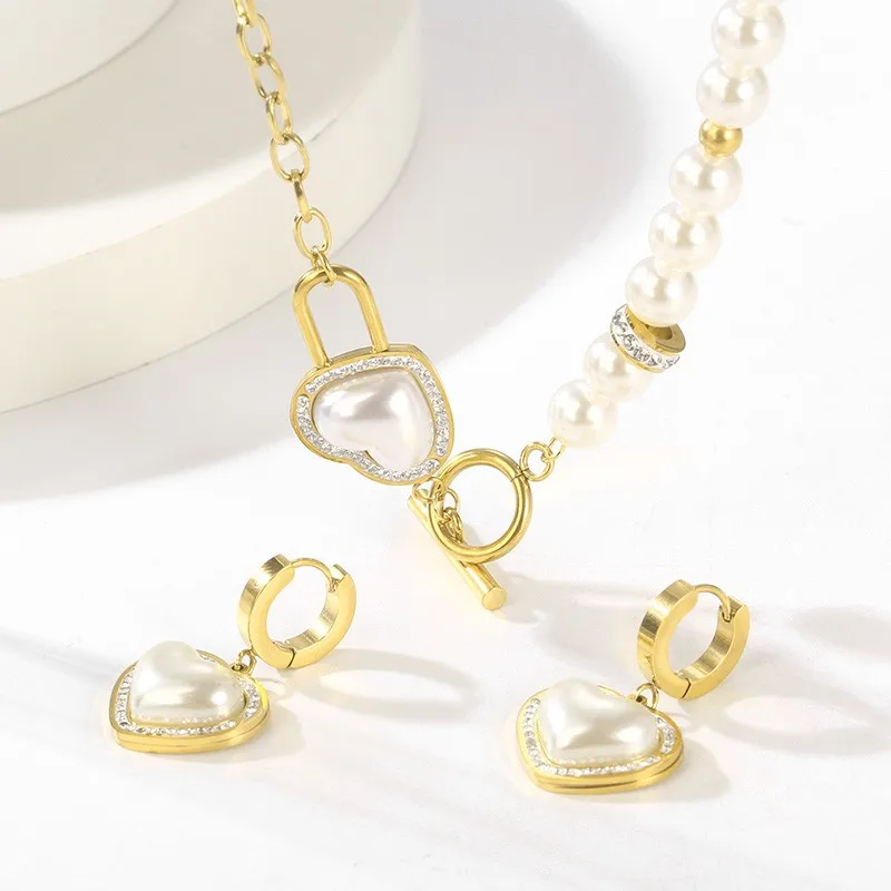 

Elegant Stainless Steel Jewelry Sets For Women Shell Imitation Pearl Heart Pendant Necklace Earrings Ladies Wedding Party Gifts