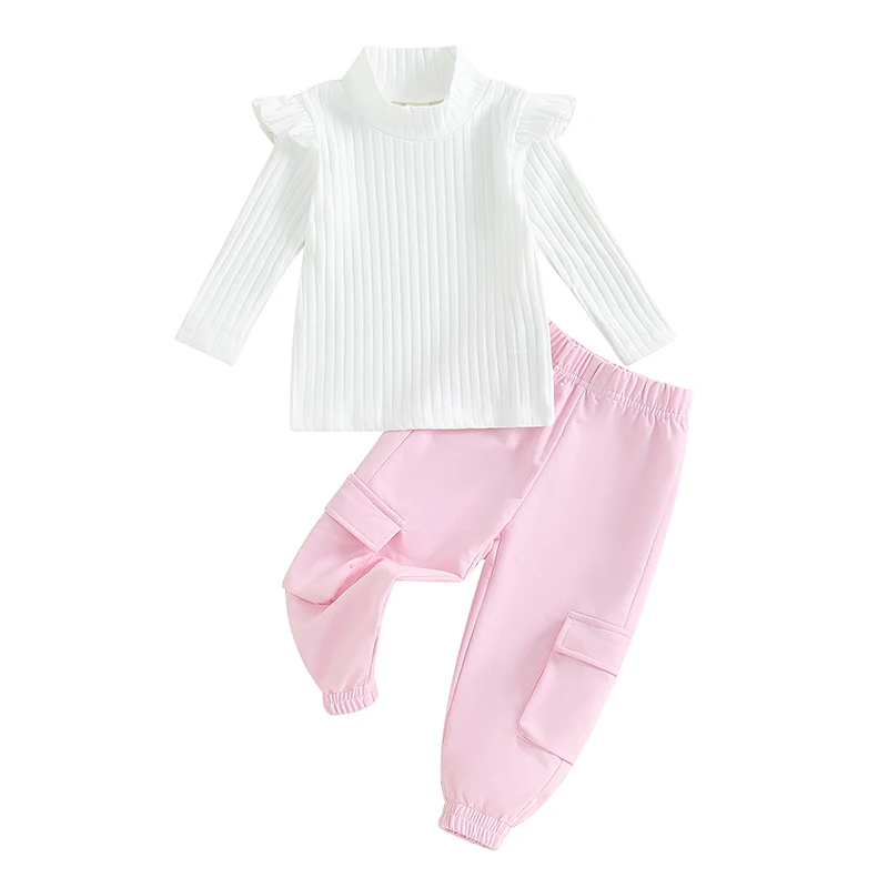 

Infant Kids Baby Girls Autumn 2PCS Pants Sets White Long Sleeve Ruffle Ribbed Tops Shirt Pink Cargo Pants Sets