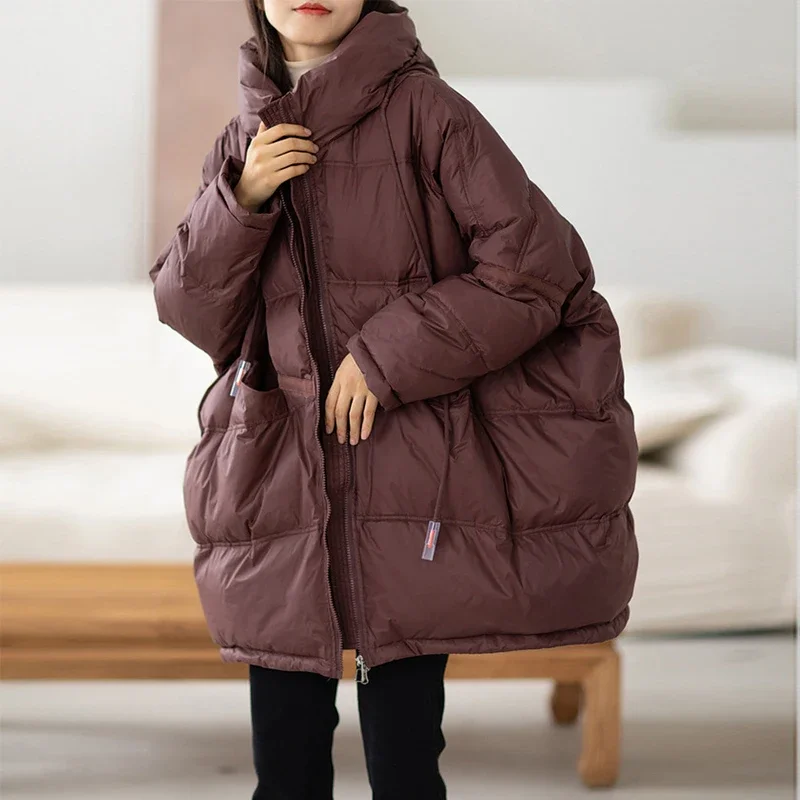 2023 New Winter Women 90% White Duck Down Jacket Casual Loose Over Size Warm Parka Female Drawstring Hooded Puffer Coat