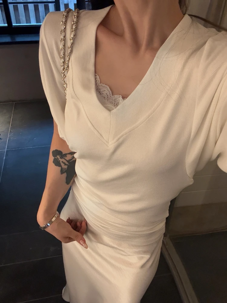 

Chier Basic Lace Slimming Cotton Top Two-Piece Set Separate Wear Pure Desire Fene Commute Sle Long Sve V-Ne T-irt