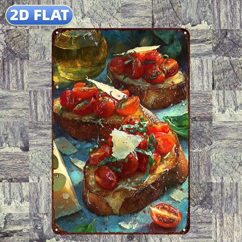 Vintage Metal Tin Sign Fresh Bruschetta With Roasted Tomato And Basil 20x30cm 2D Flat Food Art Wall Plaque, Kitchen Bistro Cafe