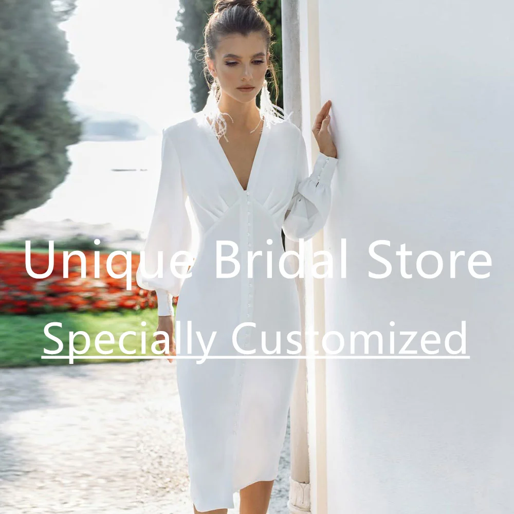 

Simple Chiffon Sheath Bridal Gown V-Neck Front Covered Button Long Sleeve Draped Sexy Beautiful Tea-Length Vestido De Noiva