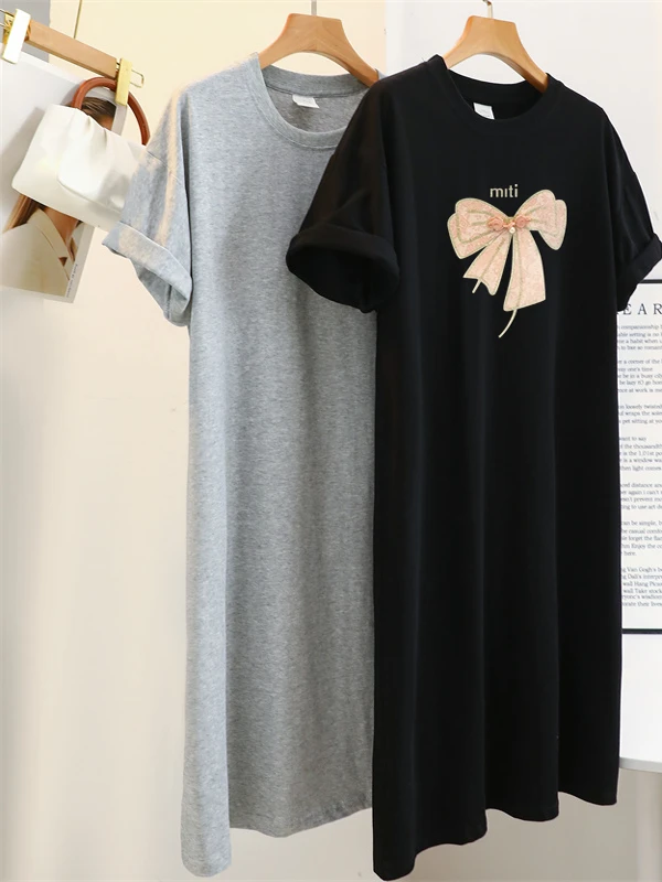 

plus Size 300 Pou Chic Design Sense Long Pure Cotton Women's Casual T-irt Dr Korean Sle Straight Cut Spring Dr