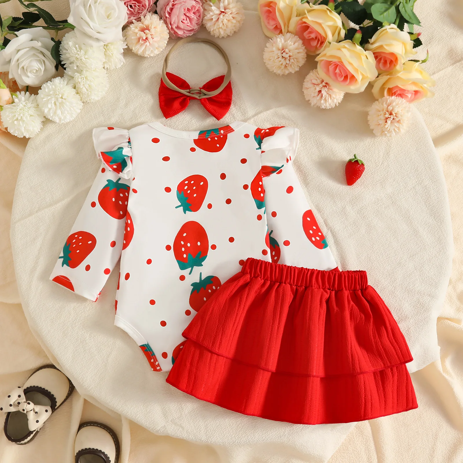 2026 Autumn Newborn Baby Set Strawberry Ruffle Bodysuit + Layer Red Ruffle Skirt + Bow Hair Tie Infant Girls Clothes Outfit