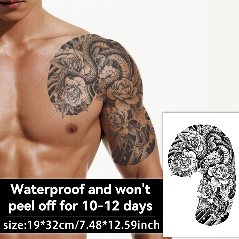 Flower Snake Half Sleeve Tattoo Sticker Waterproof Temporary Tattoo Asian Style Dominant Design for Shoulder Chest