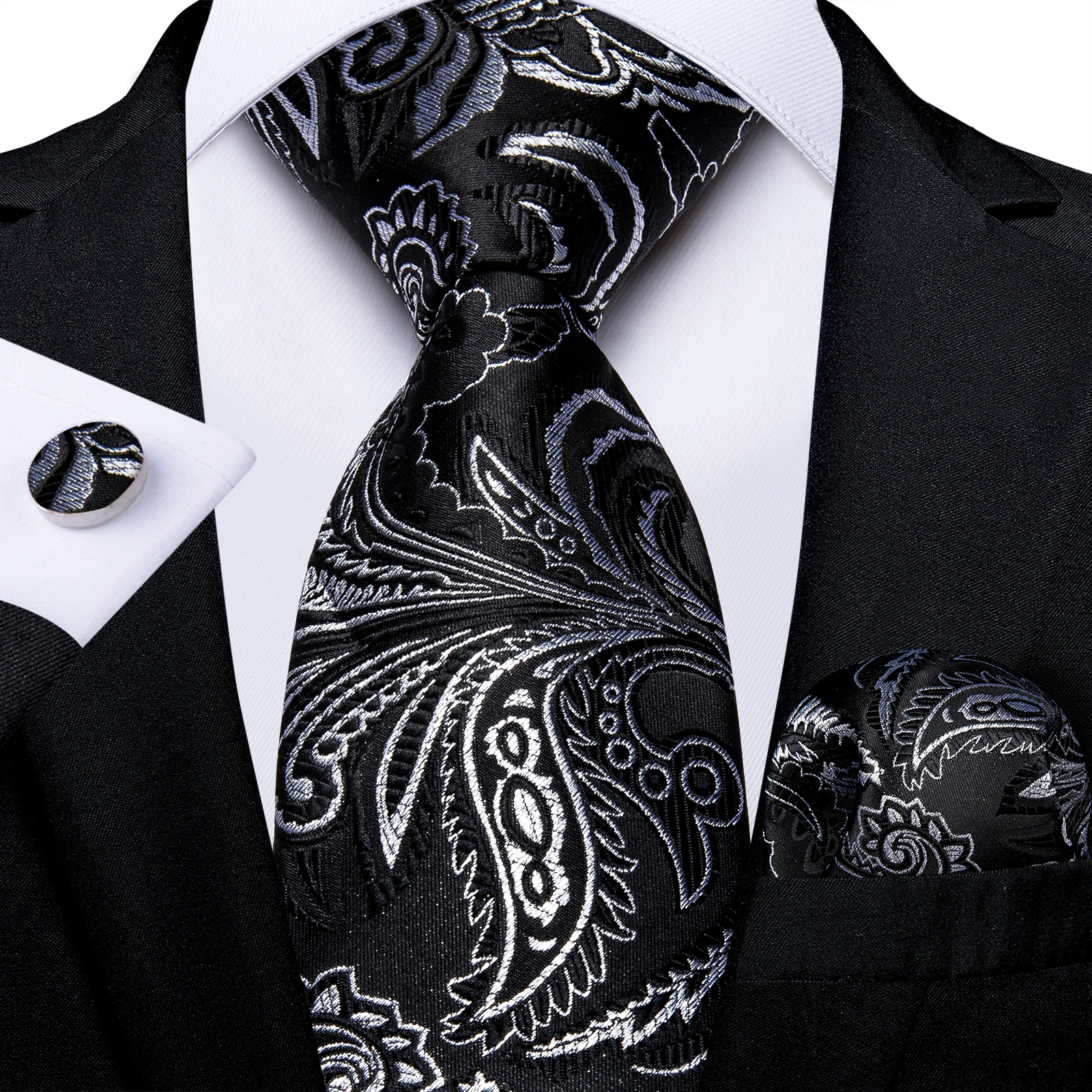 Plaid Paisley Geometric Mens Tie Set 3PCS, With Pocket Square Cufflinks For Formal Business Wedding