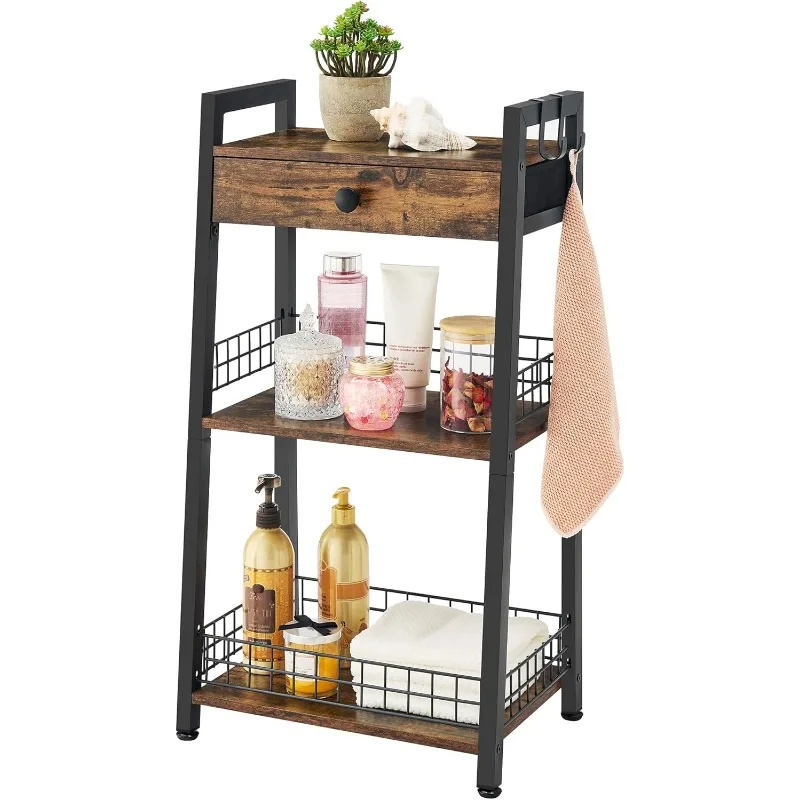 3-Tier Bathroom Ladder Shelf with Drawer, Bathroom Floor Storage Shelf, Freestanding Tower Shelf Ladder Bookshelf for Living