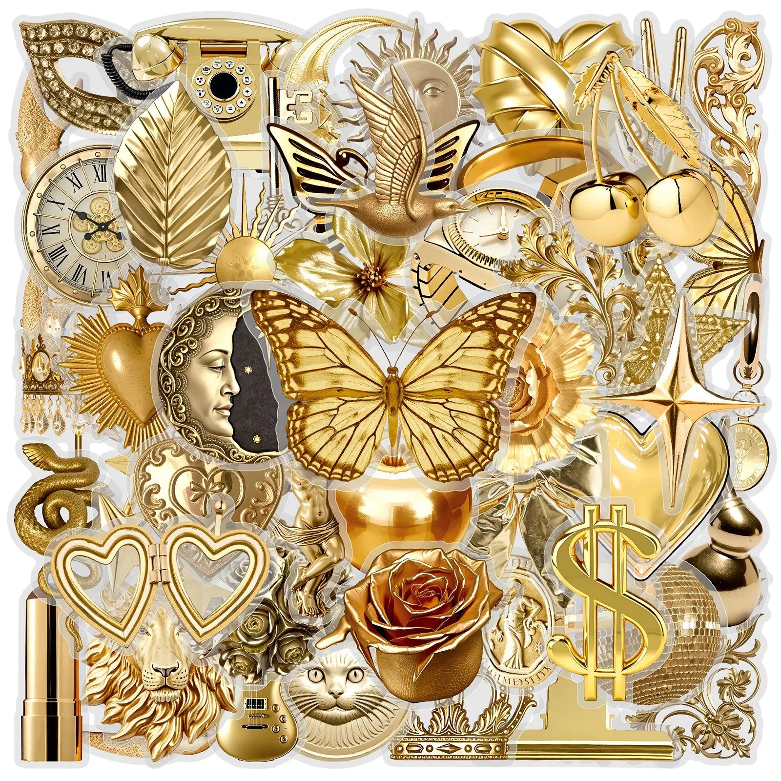 50 pieces of golden retro metallic ins-style double-transparent stickers,DIY decorative desktop luggage car stickers