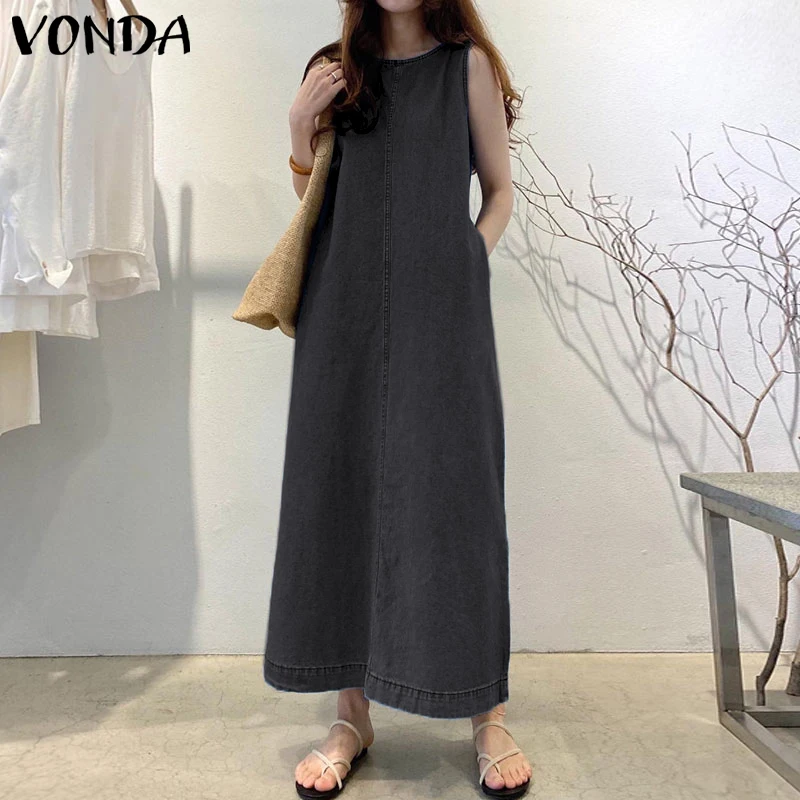 Sommer Vestidos VONDA 2025, Frauen Maxi Denim Kleid Solide Sommerkleid Plissee Vestido Lose Ärmel A-Line Casual Robe Übergroßen