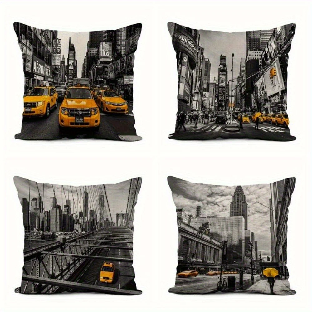 Vintage City Skyline Street Scene Throw Pillow Cover Art Print for Urban Loft Decor