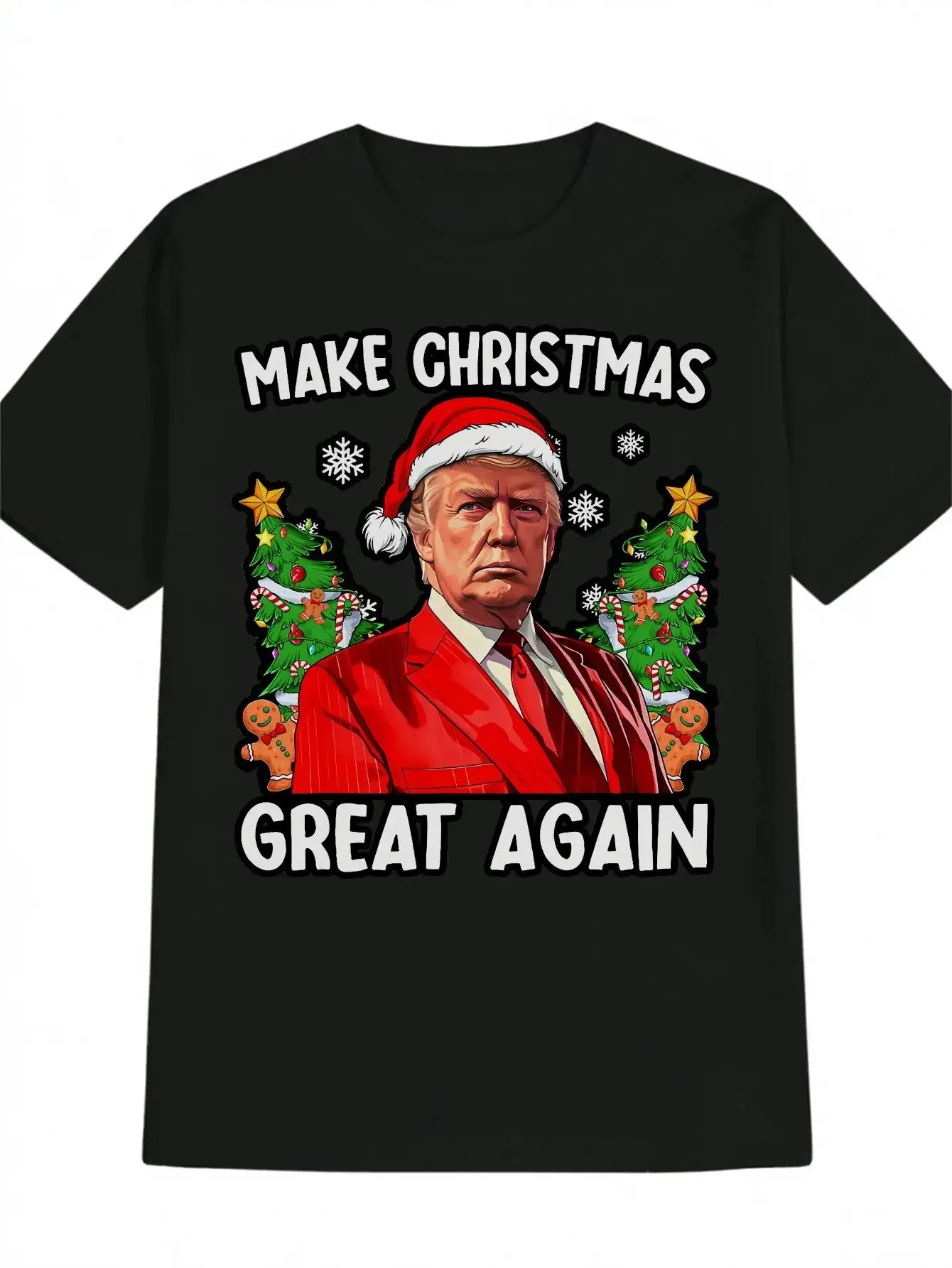 

Men's holiday black Christmas T-shirt "Make Christmas Great Again" features Santa Claus hat and tree design